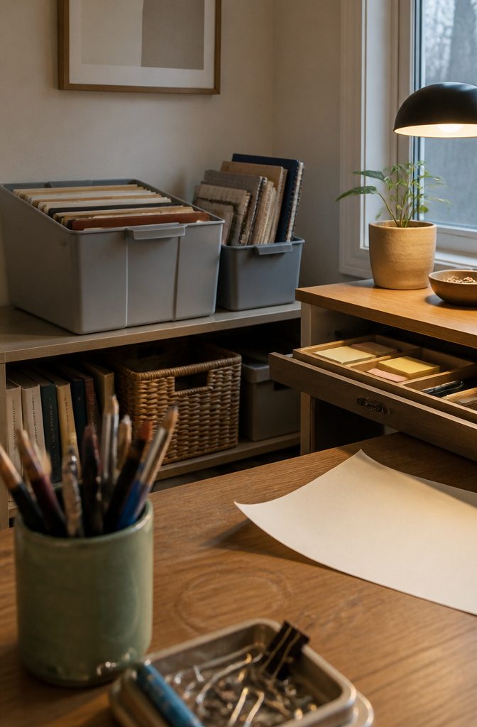 What to Put in Storage Bins: 6 Categories That Work 3 Plastic file box with hanging folders beside an open desk drawer