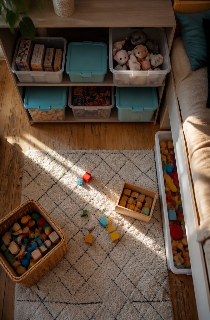 What to Put in Storage Bins: 6 Categories That Work 2 Shelves with lidded bins holding toys and games