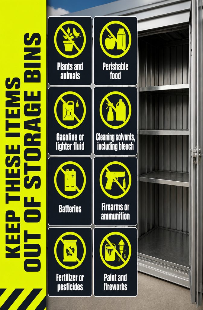 What to Put in Storage Bins: 6 Categories That Work 10 Storage safety guide titled Keep These Items Out of Storage Bins
